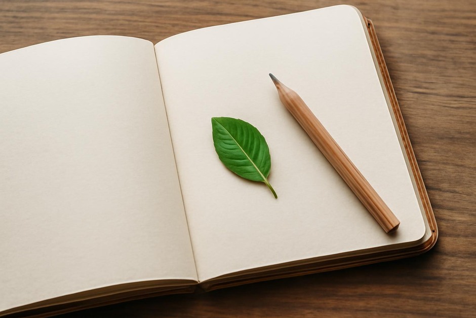Notebook, pencil, and a small leaf on a wooden table